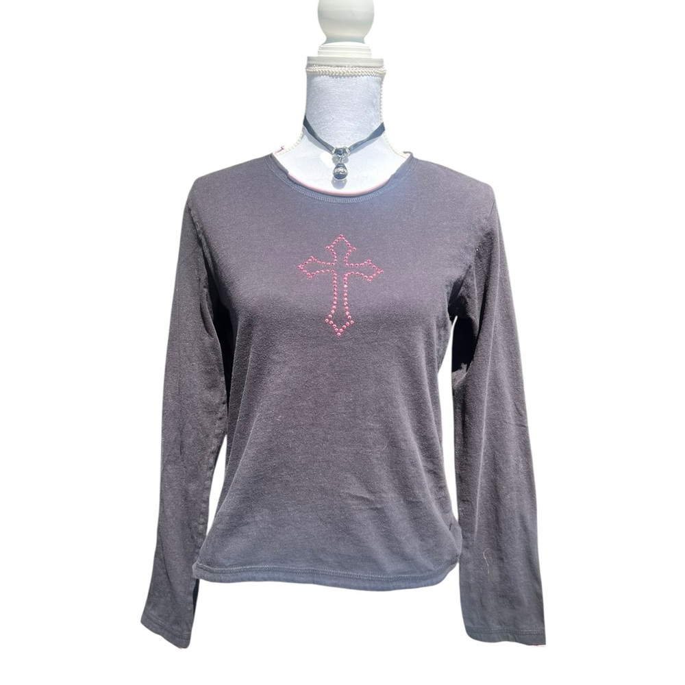 Elegant Black Long Sleeve Top with Pink Rhinestone Cross